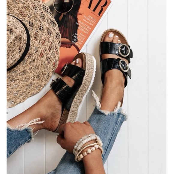 Adjustable Black Croc Double Buckle Espadrille - Picture 3 of 9